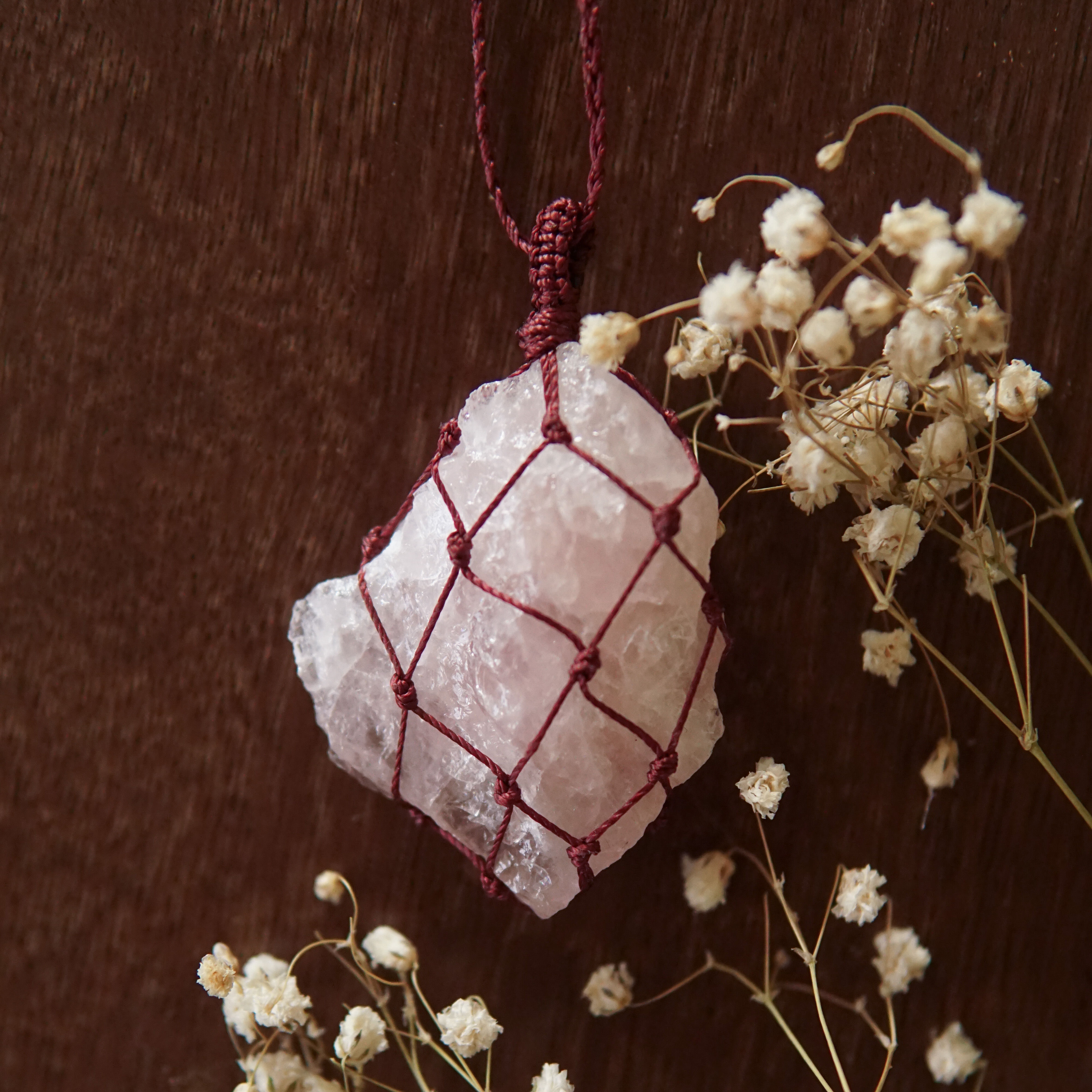 Raw Rose Quartz Macrame Net Necklace