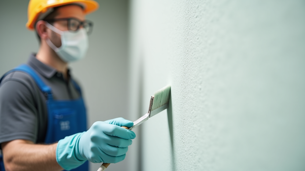 Close-up view of painter applying primer on commercial wall