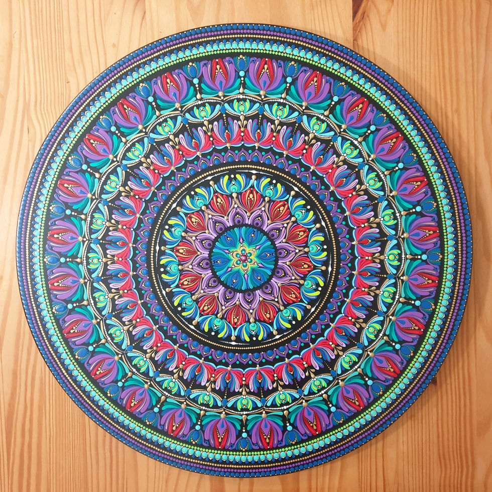 Colorful Mandala Art on Wooden Surface, intricate design with vibrant colors, Love Of Mandala.