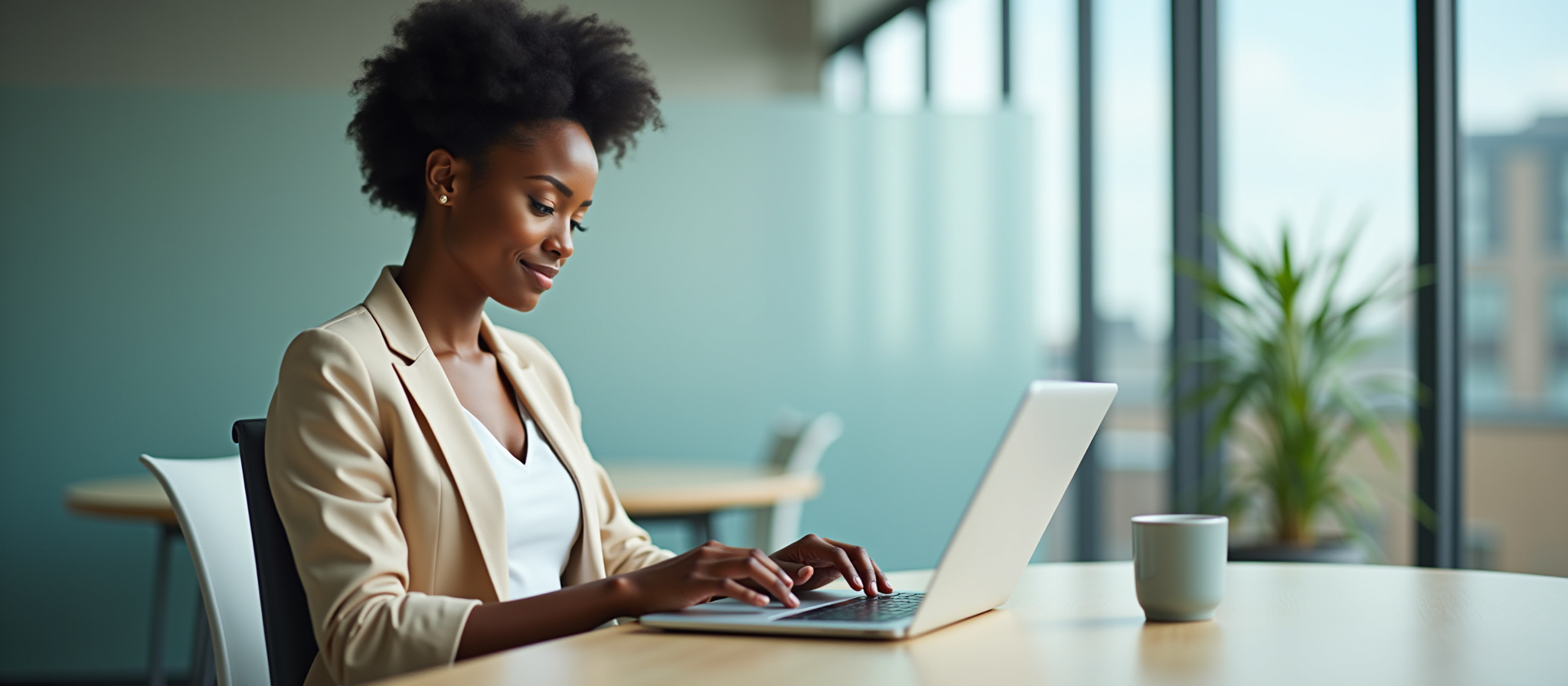 Black woman using laptop, typing on keyboard to work. befabulous technology.