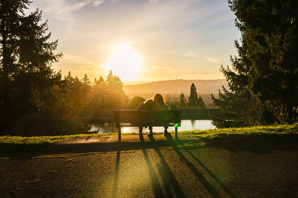 Engaged couple on a bench at sunset at Mount Tabor Park