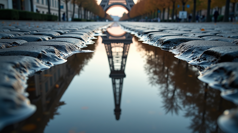 High angle view of the Eiffel Tower reflected in a puddle on a cobblestone path