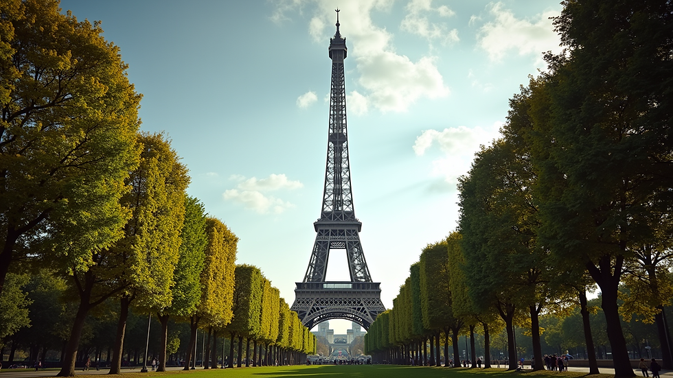 Eye-level view of the Eiffel Tower framed by trees in the Champ de Mars park