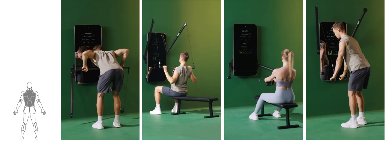 Ein Mann und eine Frau die verschiedene SPlan Model Y Workouts für die Rückenmuskulatur zeigen.