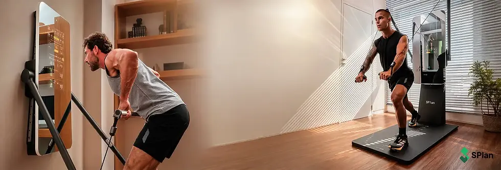 Ein in 2 Teile geteiltes Bild auf dem jeweils ein Mann zu sehen ist der zu hause an einem SPlan Model Y Fitnesstraining macht.