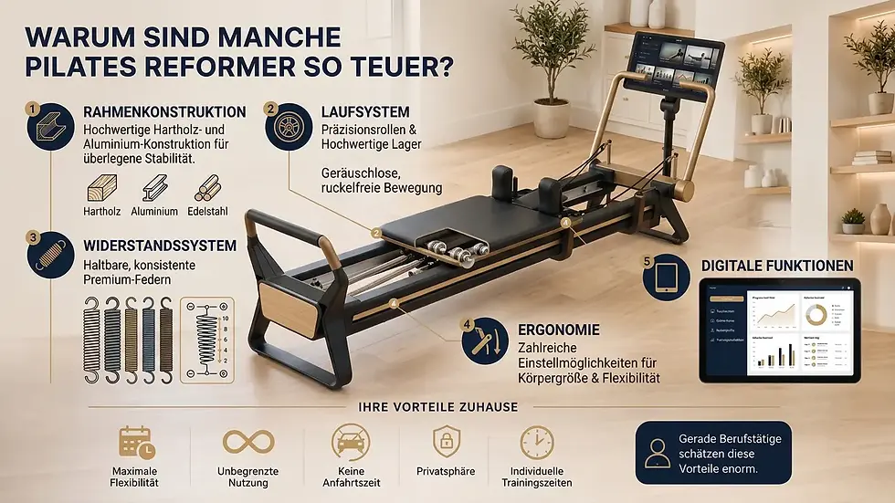Infografik eines Pilates-Reformers in hellem Raum, mit Text zu Rahmen, Federn, Digitalfunktionen und Vorteilen zuhause.