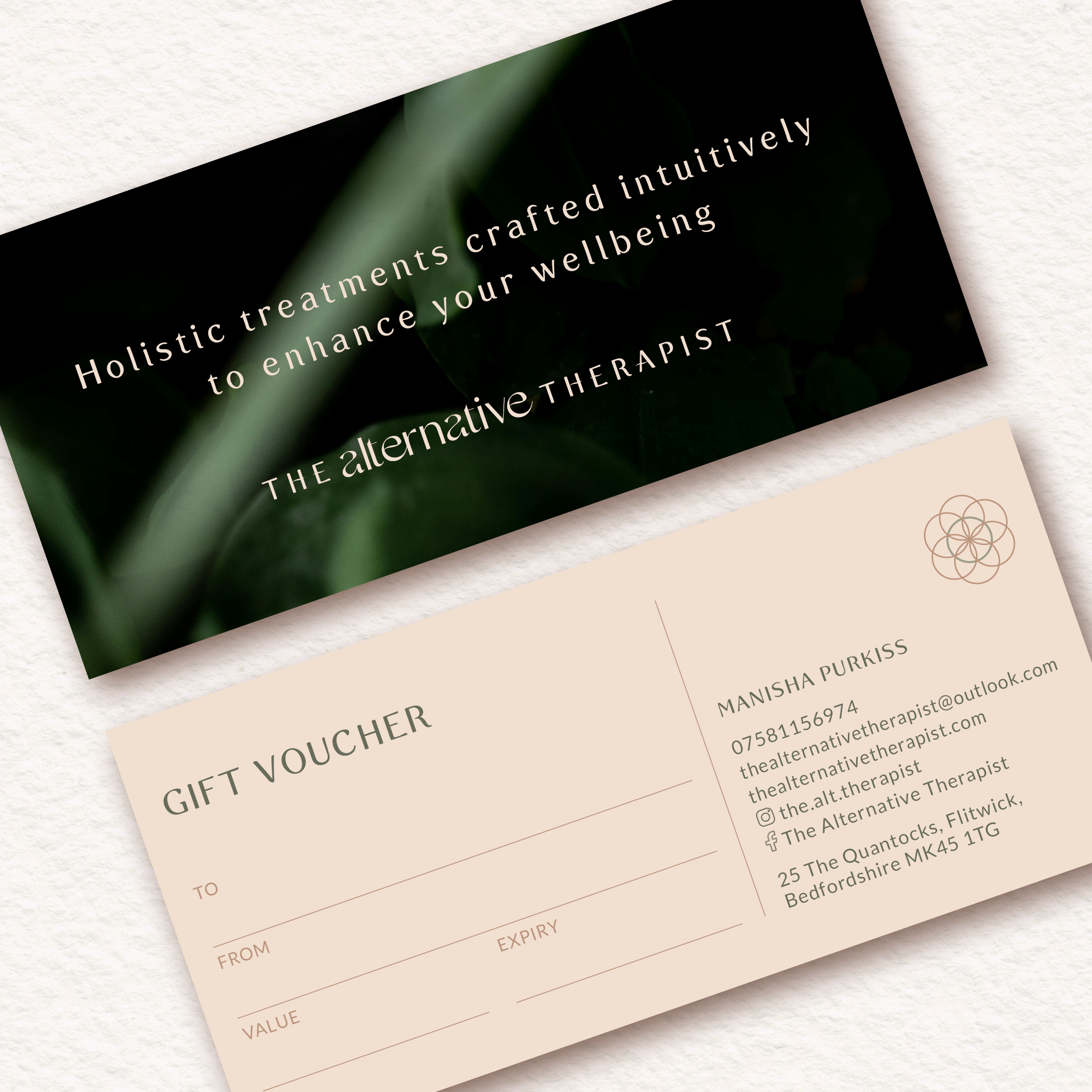 Front and back of gift vouchers for the Alternative Therapist, a wonderful gift