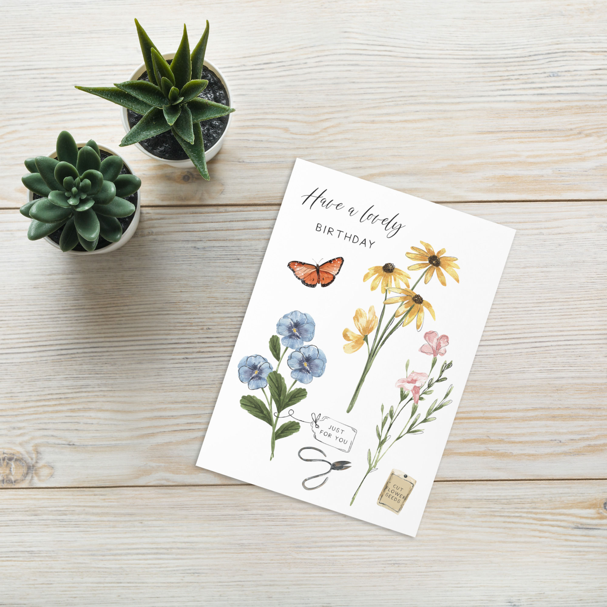 Birthday card with watercolor wildflowers and a butterfly, with the message "Have a lovely Birthday".