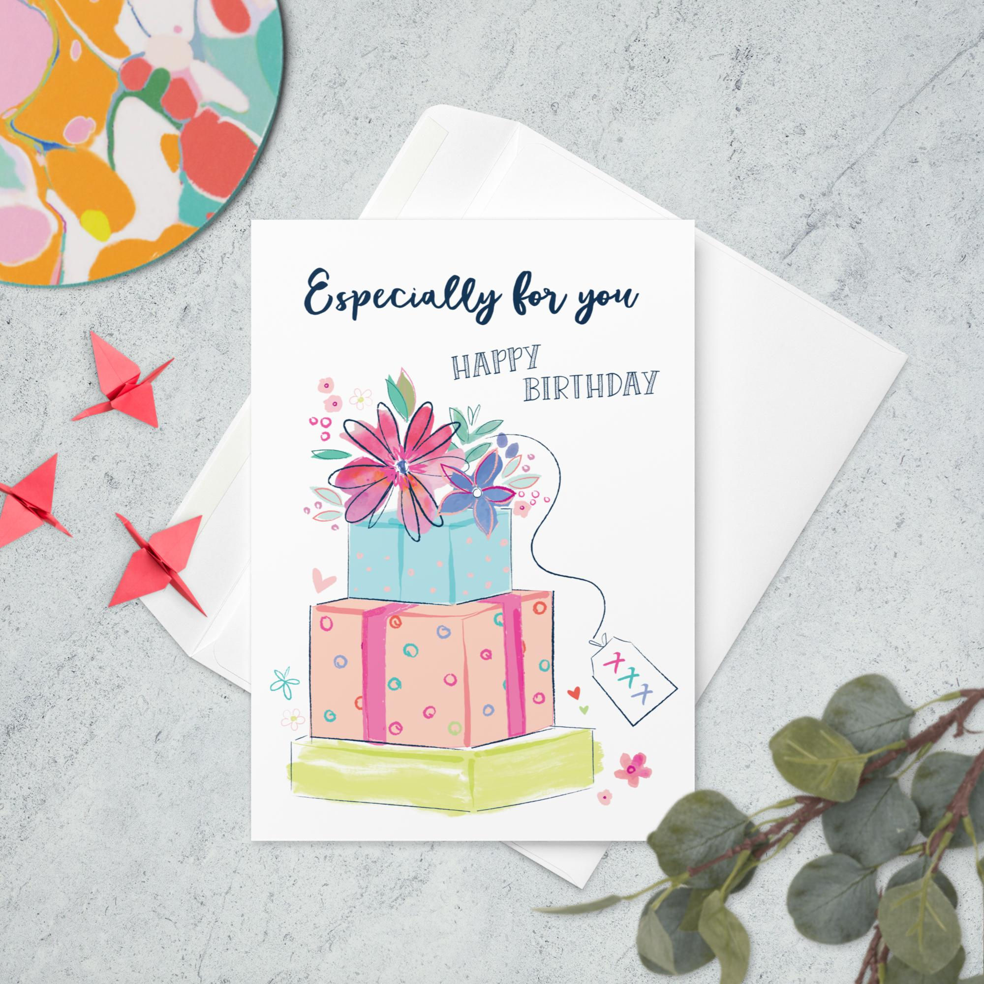 Birthday Card with Gift Box and Floral Illustration by Katie Phythian Design