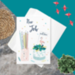 New Job congratulations card with pencils, flamingo, and plant illustration