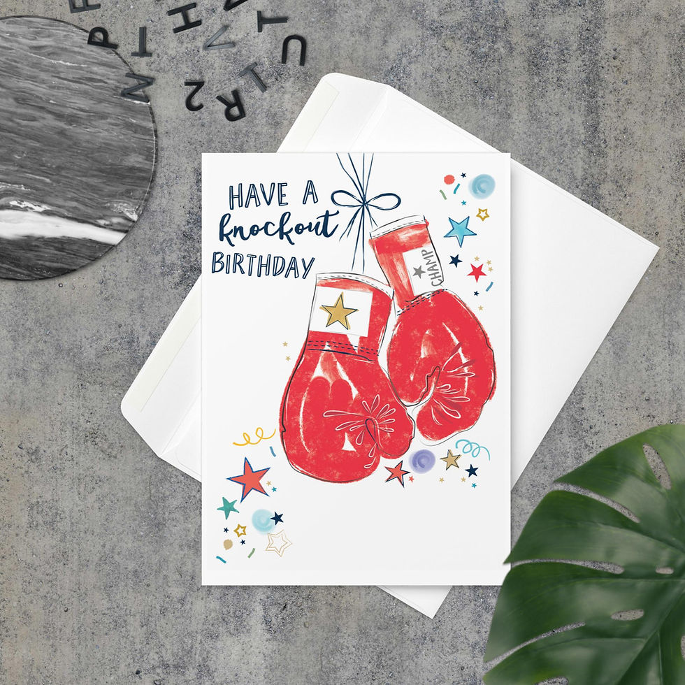 Boxing gloves themed birthday card with 'Have a Knockout Birthday' message, surrounded by festive stars.
