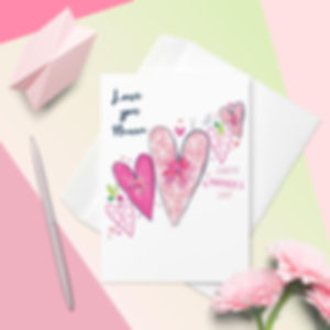 Mother's Day card' with a sweet 'Love you Mama' message surrounded by three vibrant pink and lilac hearts and floral designs.