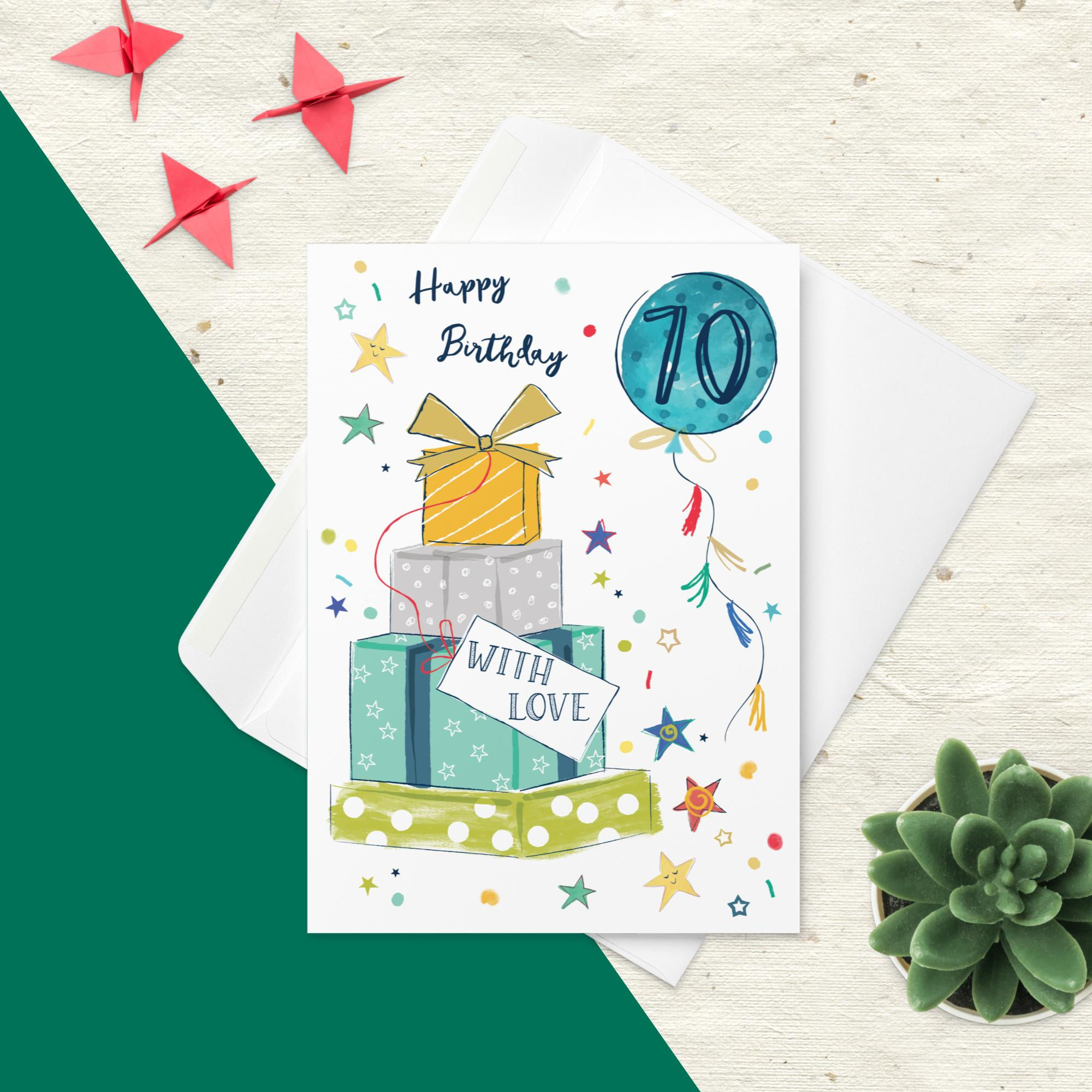 "Happy Birthday 70" card featuring a light blue balloon with the number 70, a stack of charmingly wrapped gift boxes.