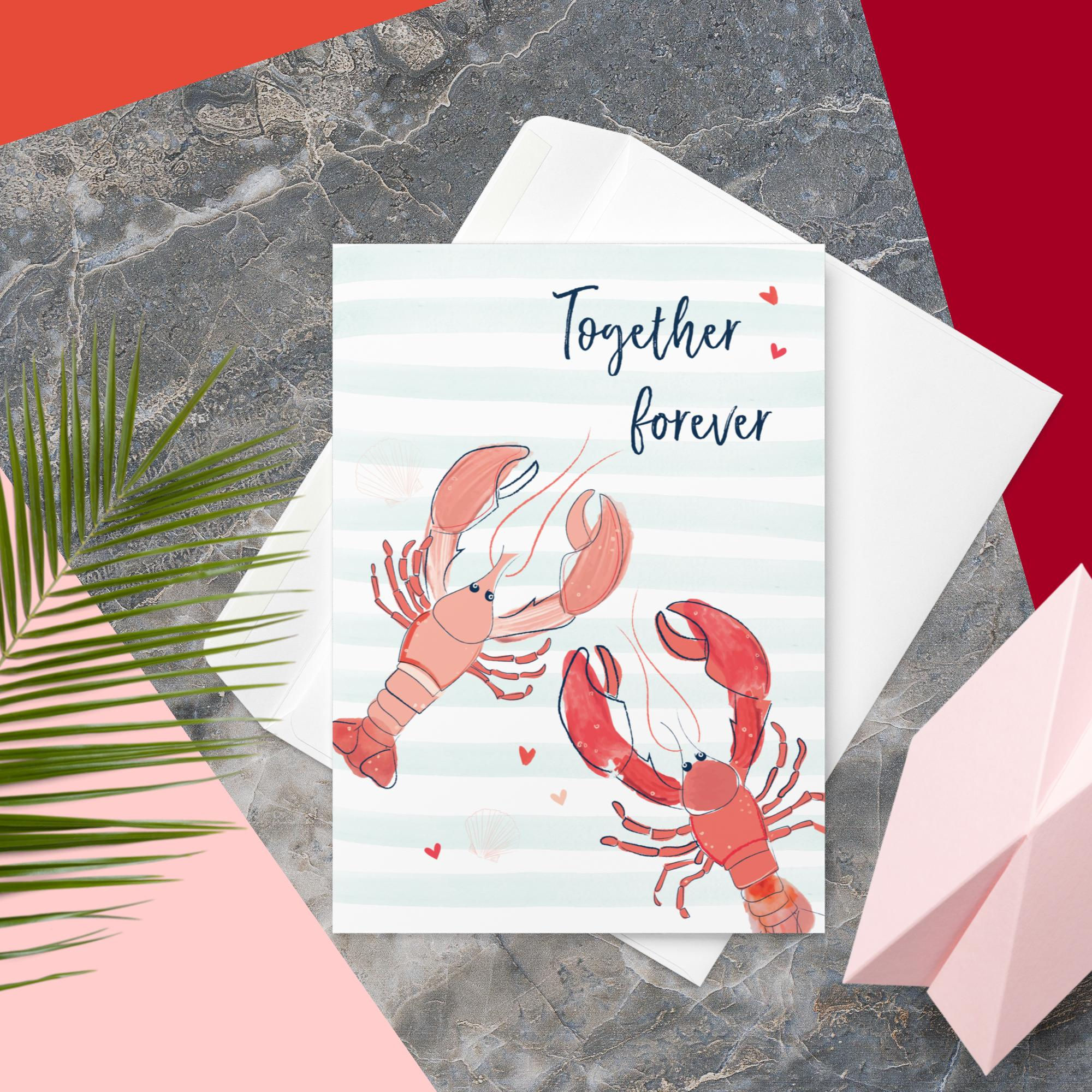 Valentine's Day card with two lobsters and 'Together Forever' written above, amid floating hearts on a striped background.