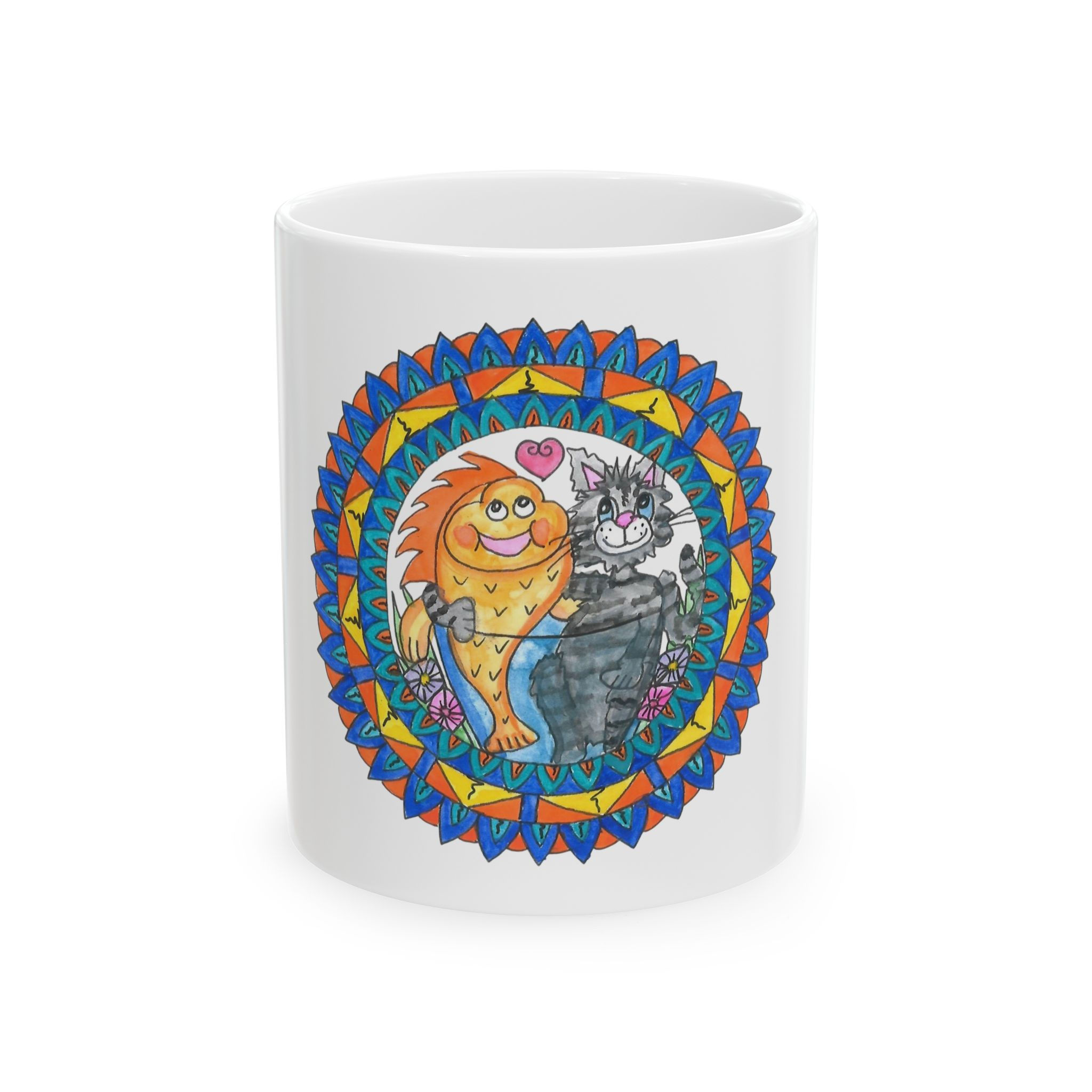 Whimsical Cat and Fish Ceramic Mug -11 oz