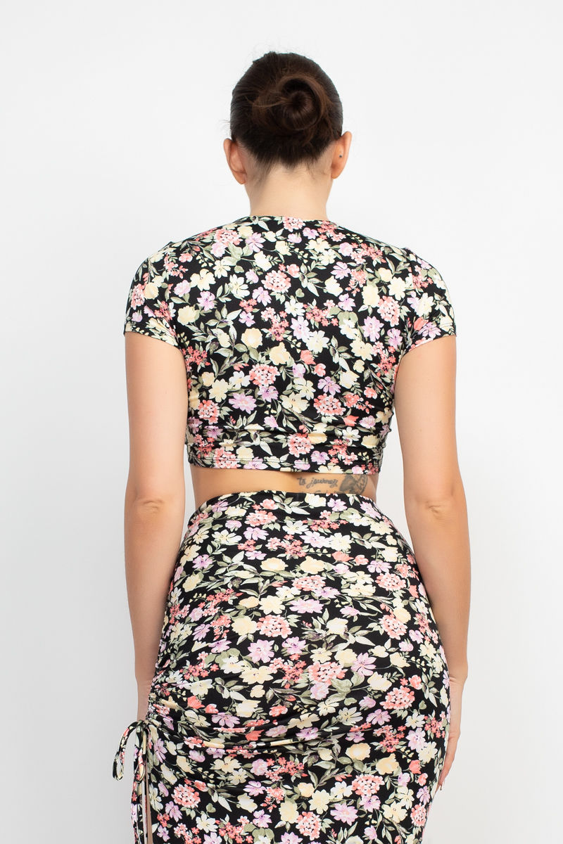 Thumbnail: Front Knot Floral Top & Ruched Maxi Skirts Set