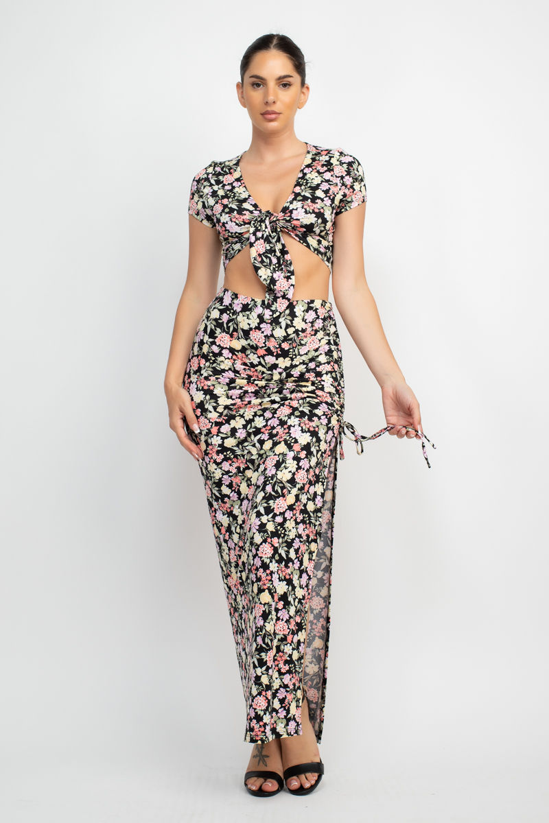 Thumbnail: Front Knot Floral Top & Ruched Maxi Skirts Set
