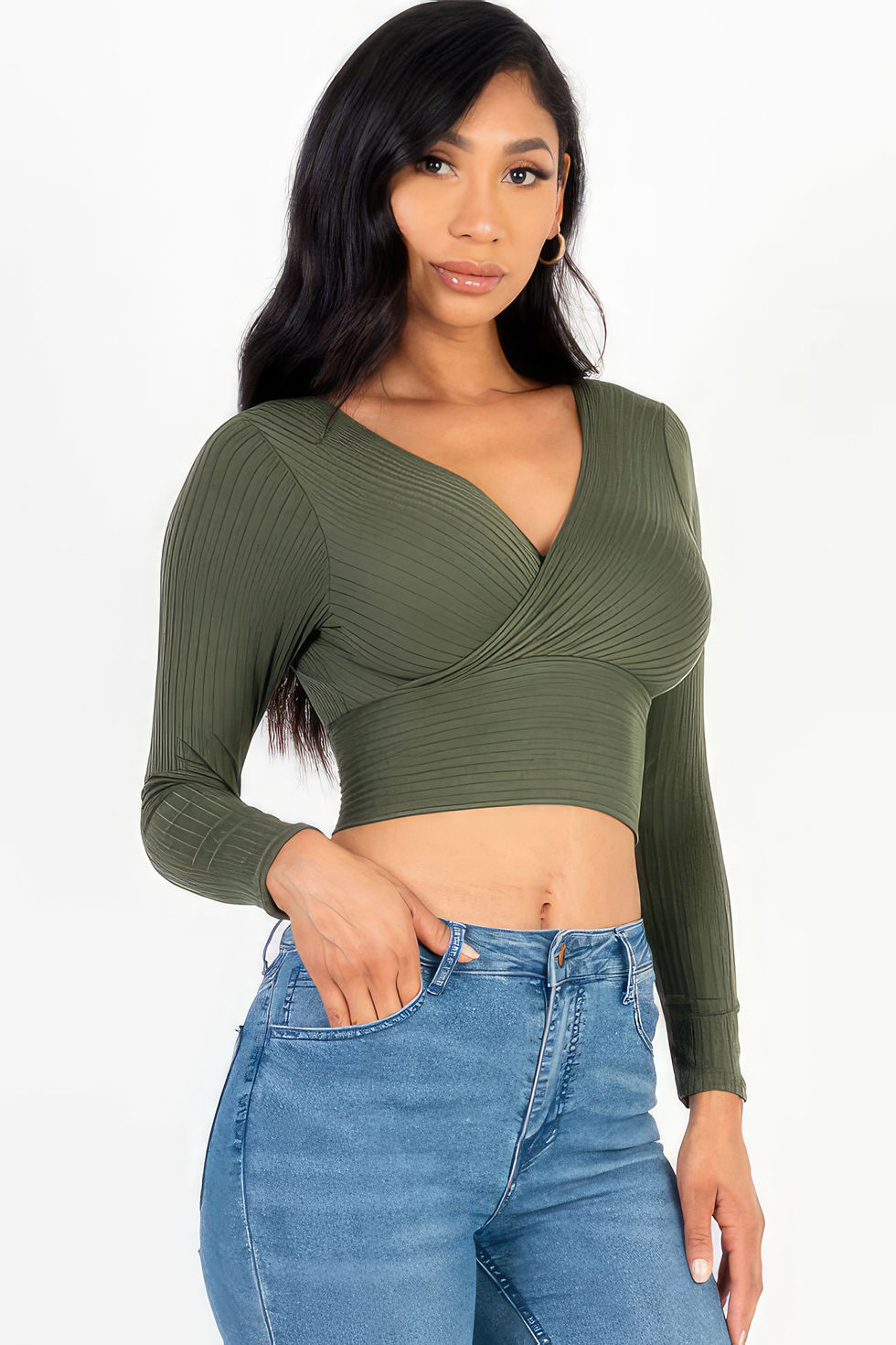 Thumbnail: Ribbed Wrap Front Long Sleeve Top