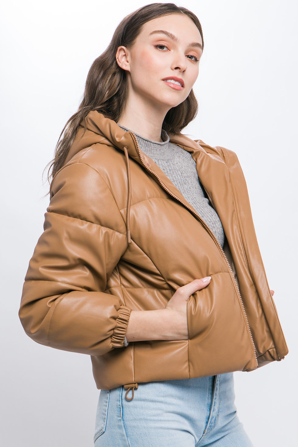 Thumbnail: Pu Faux Leather Zipper Hooded Puffer Jacket