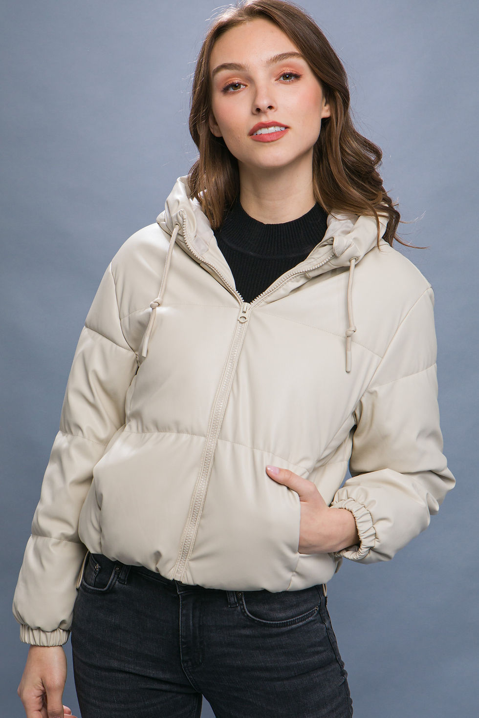 Thumbnail: Pu Faux Leather Zipper Hooded Puffer Jacket