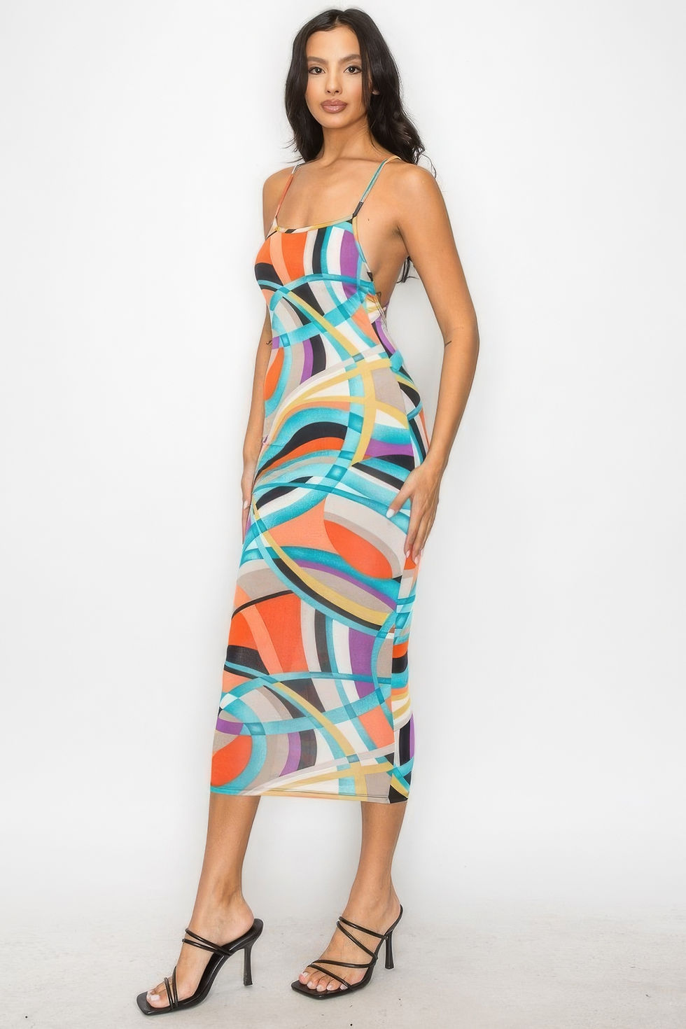 Thumbnail: Crossed Back Marble Print Multicolor Midi Dress