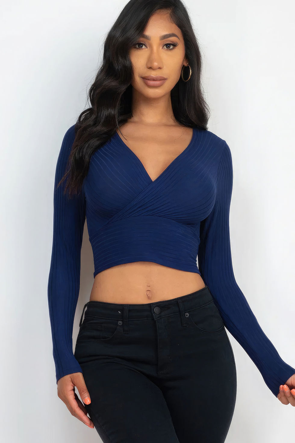 Thumbnail: Ribbed Wrap Front Long Sleeve Top