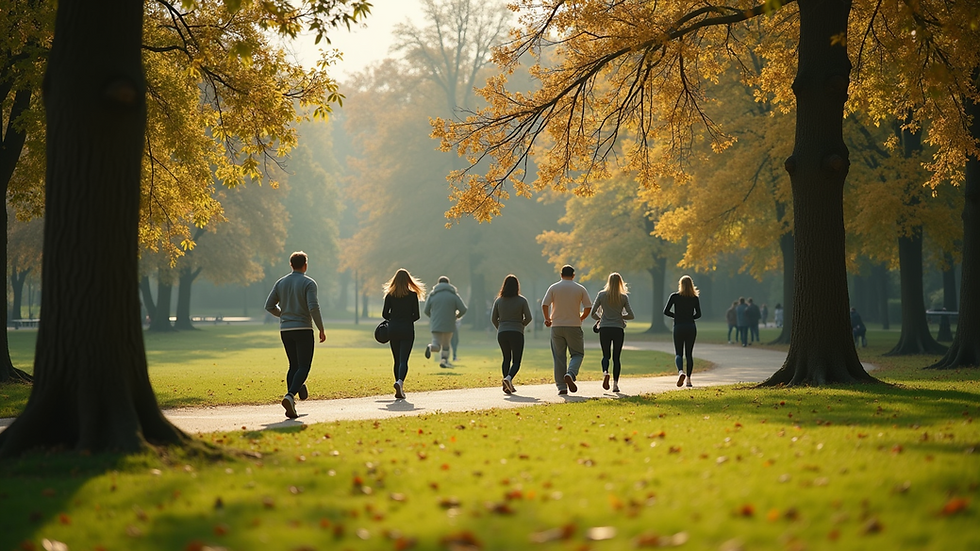 Wide angle view of a serene park with people exercising