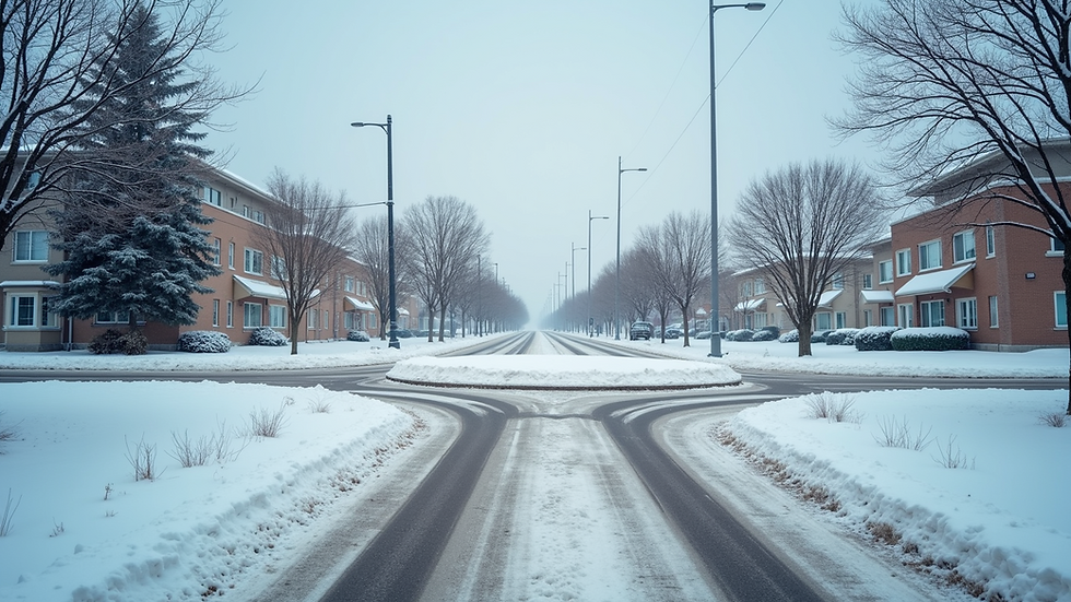 Wide angle view of a snowy Regina street with a roundabout