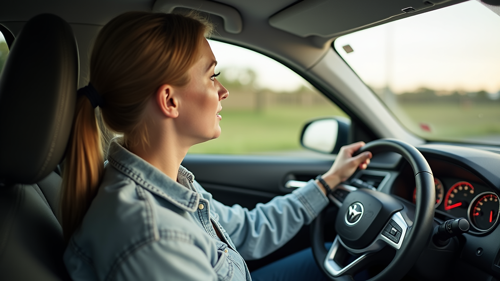 Close-up view of a driving instructor explaining road signs to a student inside a car