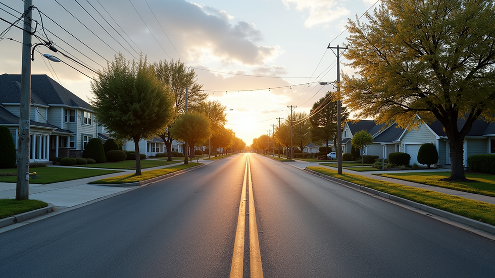 Wide angle view of a quiet suburban street with clear road markings