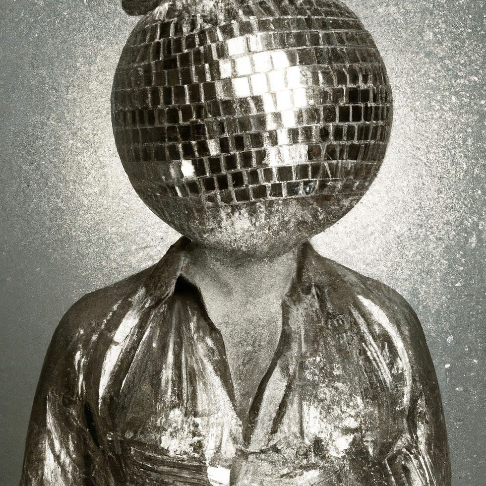 Mann im Disco-Outfit mit DIscokugel als Kopf