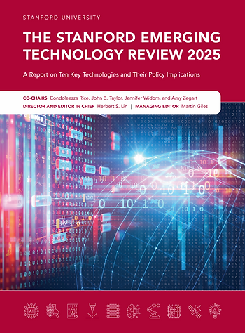 Red cover for "The Stanford Emerging Technology Review 2025" with binary code and digital graphics. Co-chairs and editors listed below title.