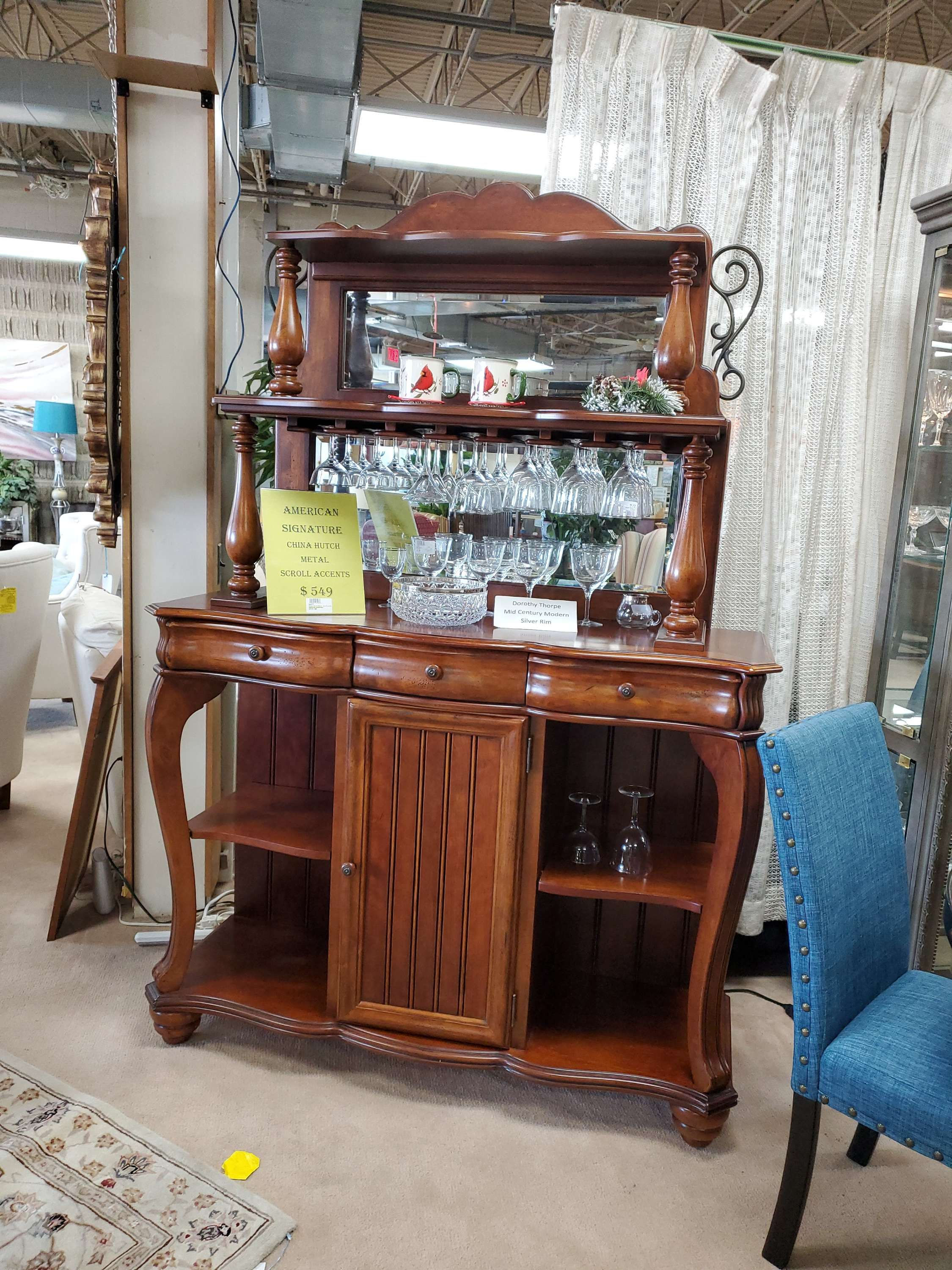 American Signature China Hutch with Metal Scroll accents