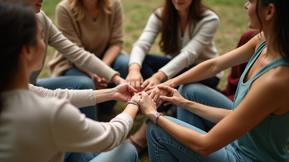 High angle view of a circle of women sitting outdoors, holding hands in support