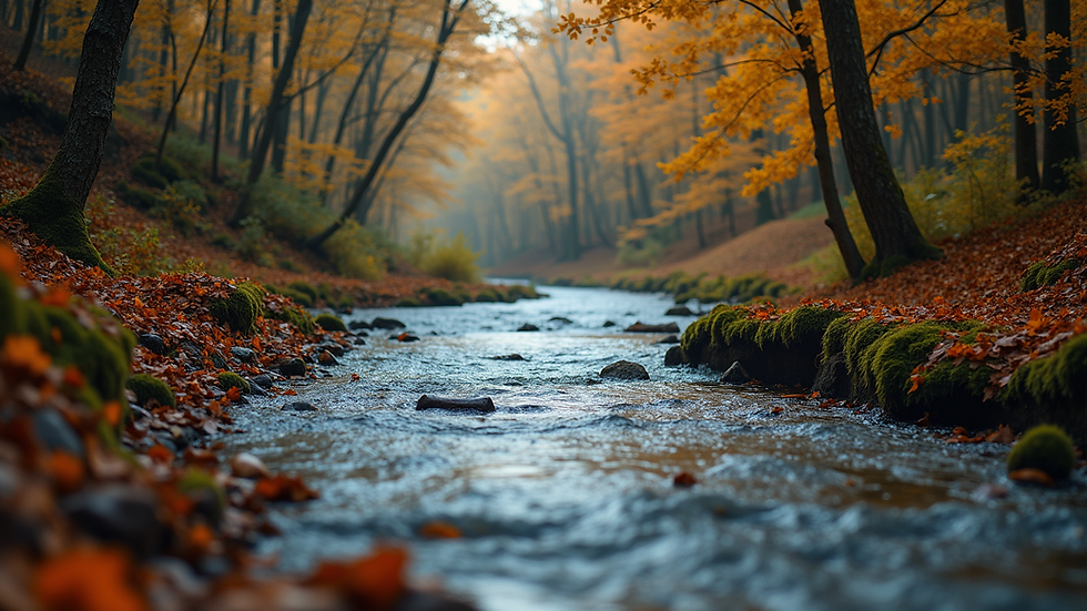 Eye-level view of a winding river flowing through a forest in autumn