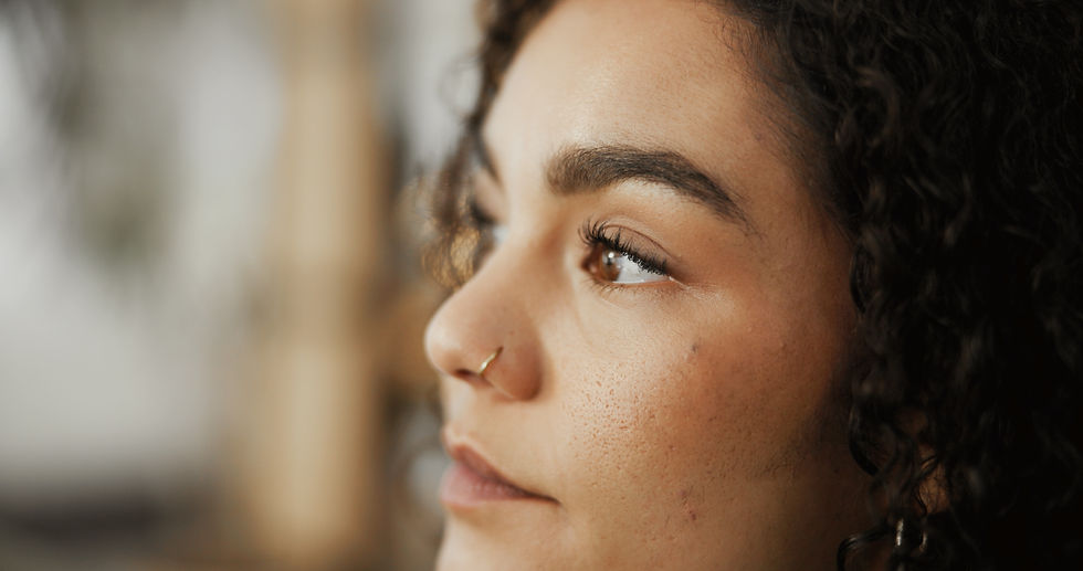 Thinking, woman and face with closeup at house for past reflection, planning and ideas for