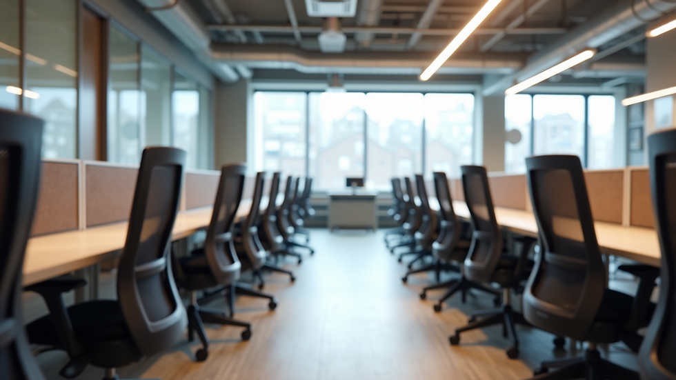 Eye-level view of a modern coworking space with desks and chairs arranged neatly