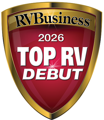 RV Business 2026 TOP RV DEBUT award logo on a gold shield.