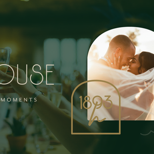 Elegant 1893 House logo paired with an image of a couple on their wedding day—positioning the Raleigh, NC venue as a romantic and refined location for intimate celebrations, designed by the marketing firm Lokal Design Co.