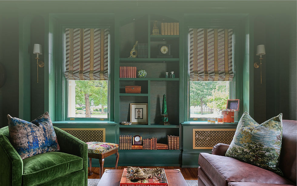 Ceiling-to-floor deep green library