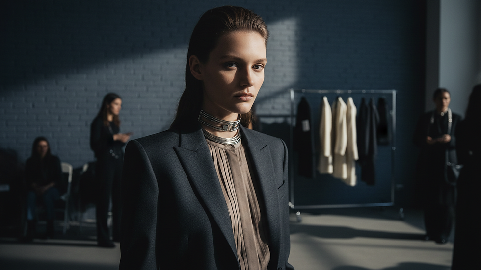 Close-up view of a casting call with a model waiting in line