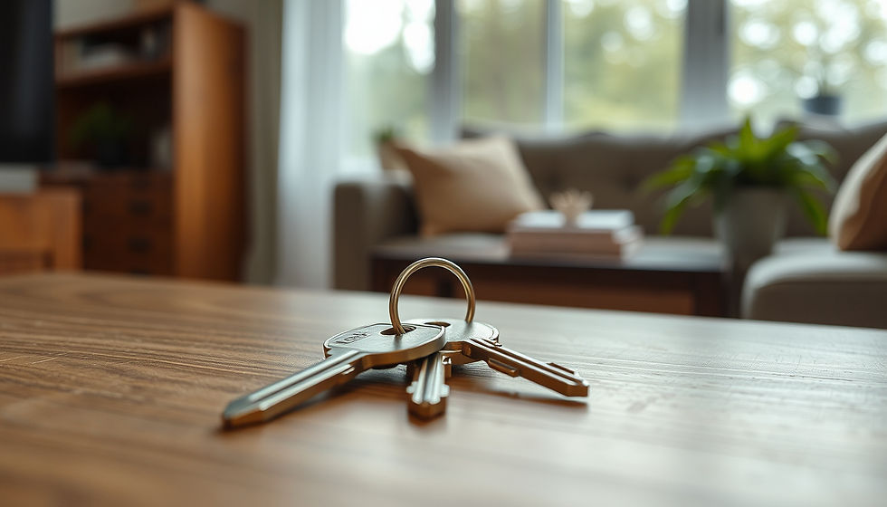 Two people in suits exchanging house keys outdoors, symbolizing a property transaction. Blurred background of a house and greenery.