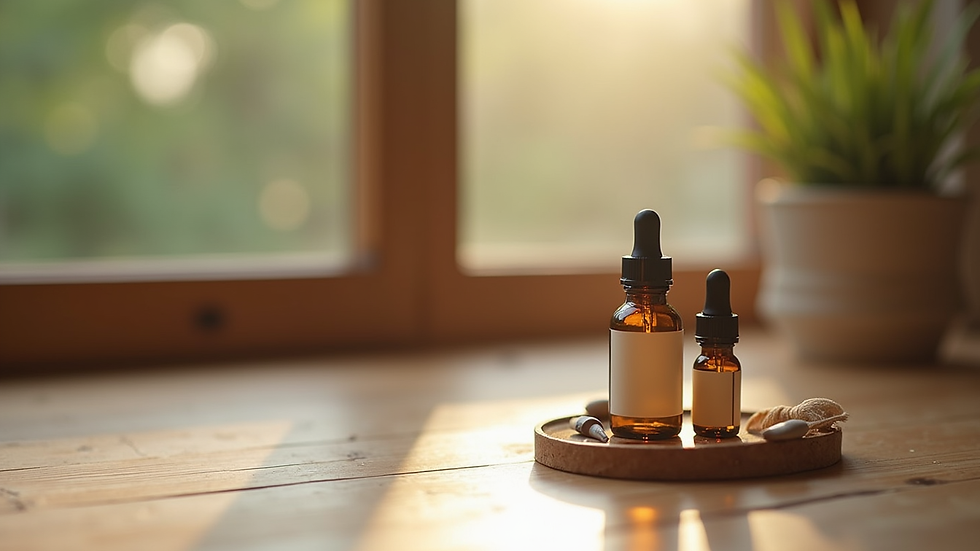 Close-up view of a serene meditation space with CBD products