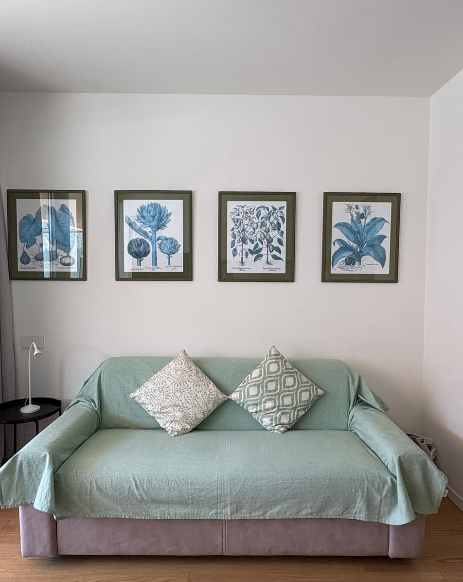 Divano letto con quadri botanici blu al Waterfront Acquario.