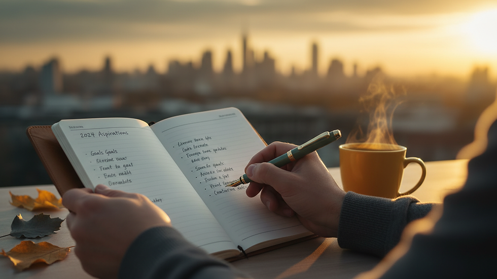Eye-level view of a person writing goals in a notebook