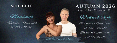 Kizomba and Urbankiz autumn 2026 weekly class schedule at S-Dance Helsinki — Mondays Kizomba & Semba 18:00–19:30, Wednesdays Urbankiz 18:00–21:00