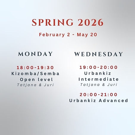 Schedule of weekly classes at S-Dance Helsinki for Kizomba and Urbankiz during Spring 2026.