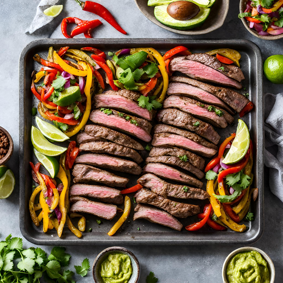 Sheet pan with slice bell peppers, onions and steak with small bowls of guacamole.