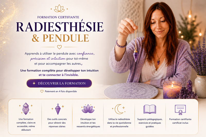 Rejoignez notre formation en ligne certifiante en radiesthésie. Apprenez à utiliser le pendule et le