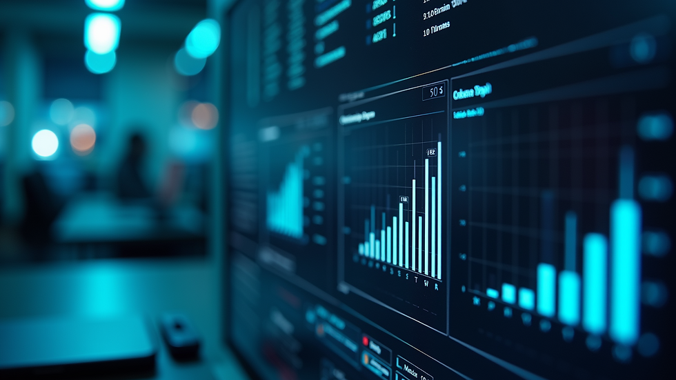 Close-up view of a futuristic AI interface displaying data analytics